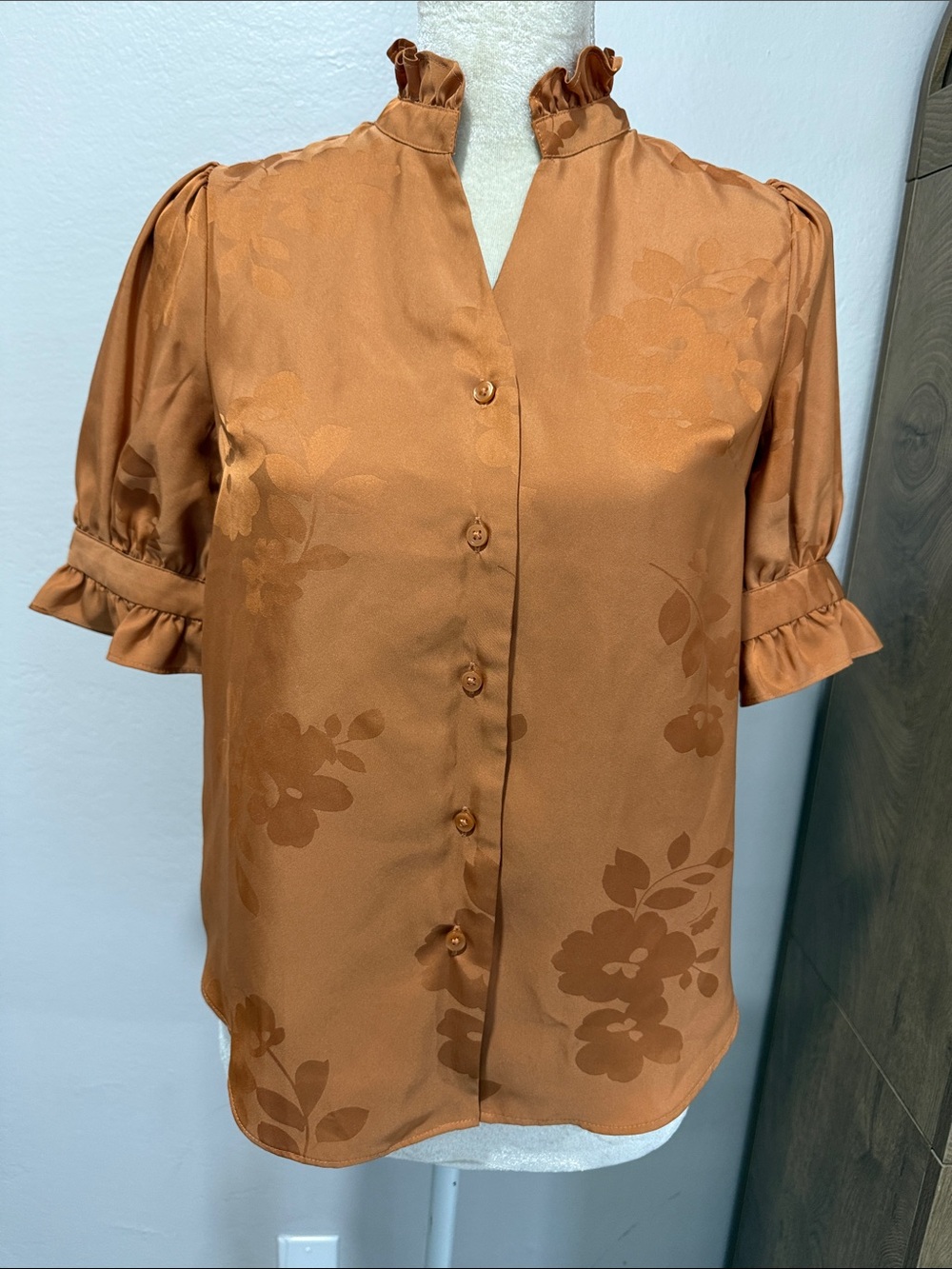 Loft satin blouse with flowers and ruffle hem and neckline